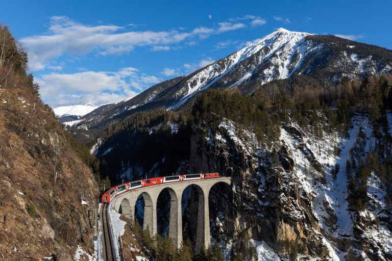 The Glacier Express crossing the Landwasser Viaduct in winter