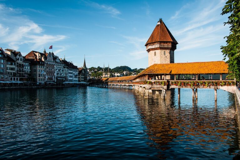 The Chapel Bridge and Water Tower in Lucerne at sunset