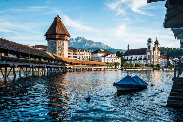 The Chapel Bridge in Lucerne with Mount Pilatus behind